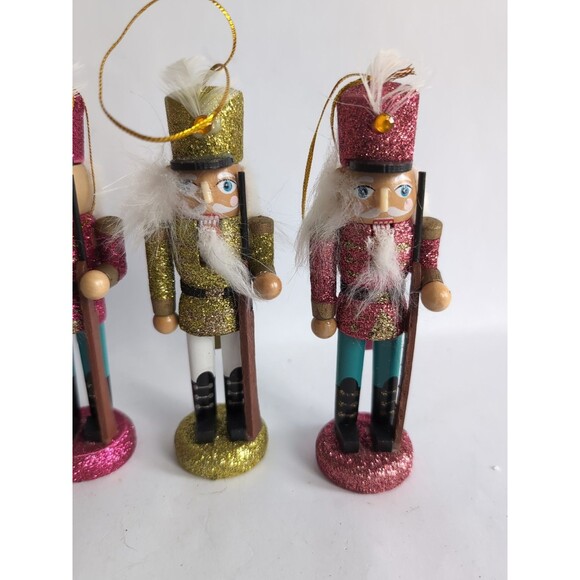 Vtg Set of 4 Glitter Nutcracker Soldier Christmas Ornaments 5 1/4" Wood - Picture 3 of 6